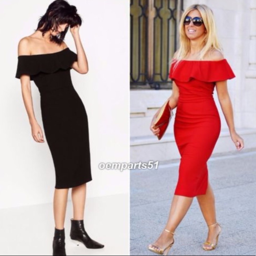 Zara striped bodycon stretch off the shoulder midi